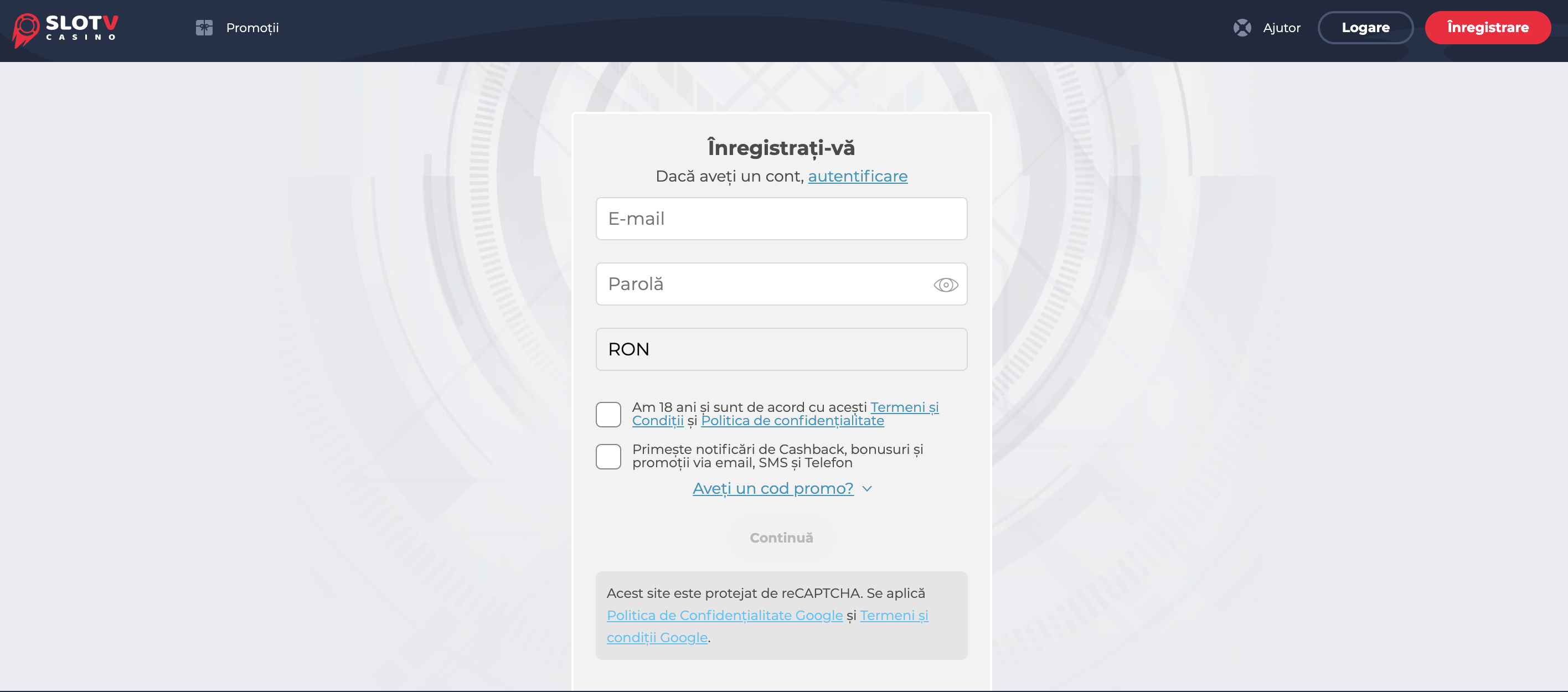 Înregistrarea pe SlotV Casino